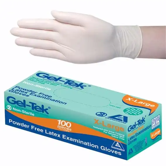 Gel-Tek Latex Examination Gloves, Powder Free, AS/NZ, Biodegradable, Polymer Coated, Textured, X-Large, Cream, 90/Box