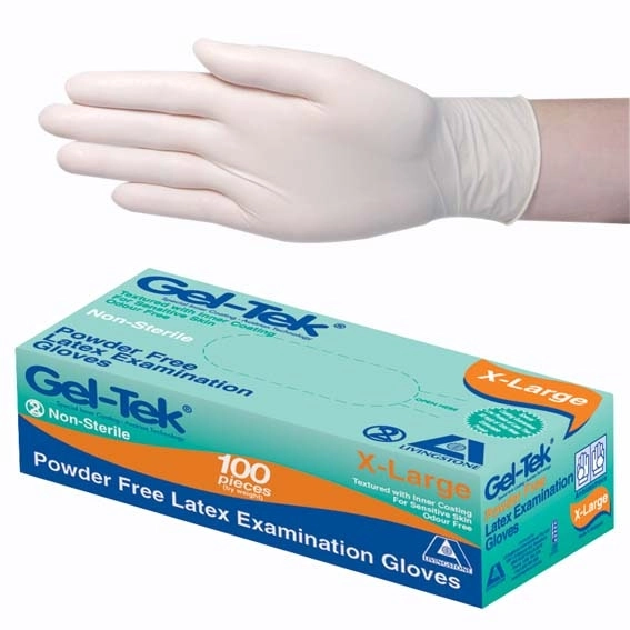 Gel-Tek Latex Examination Gloves, Powder Free, AS/NZ, Biodegradable, Polymer Coated, Textured, X-Large, Cream, 90/Box