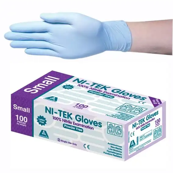 Ni-Tek Nitrile Premium Examination Gloves, AS NZ Standard, Powder Free, EN374, Small, Blue, HACCP Grade, 100/Box, 1000/Carton