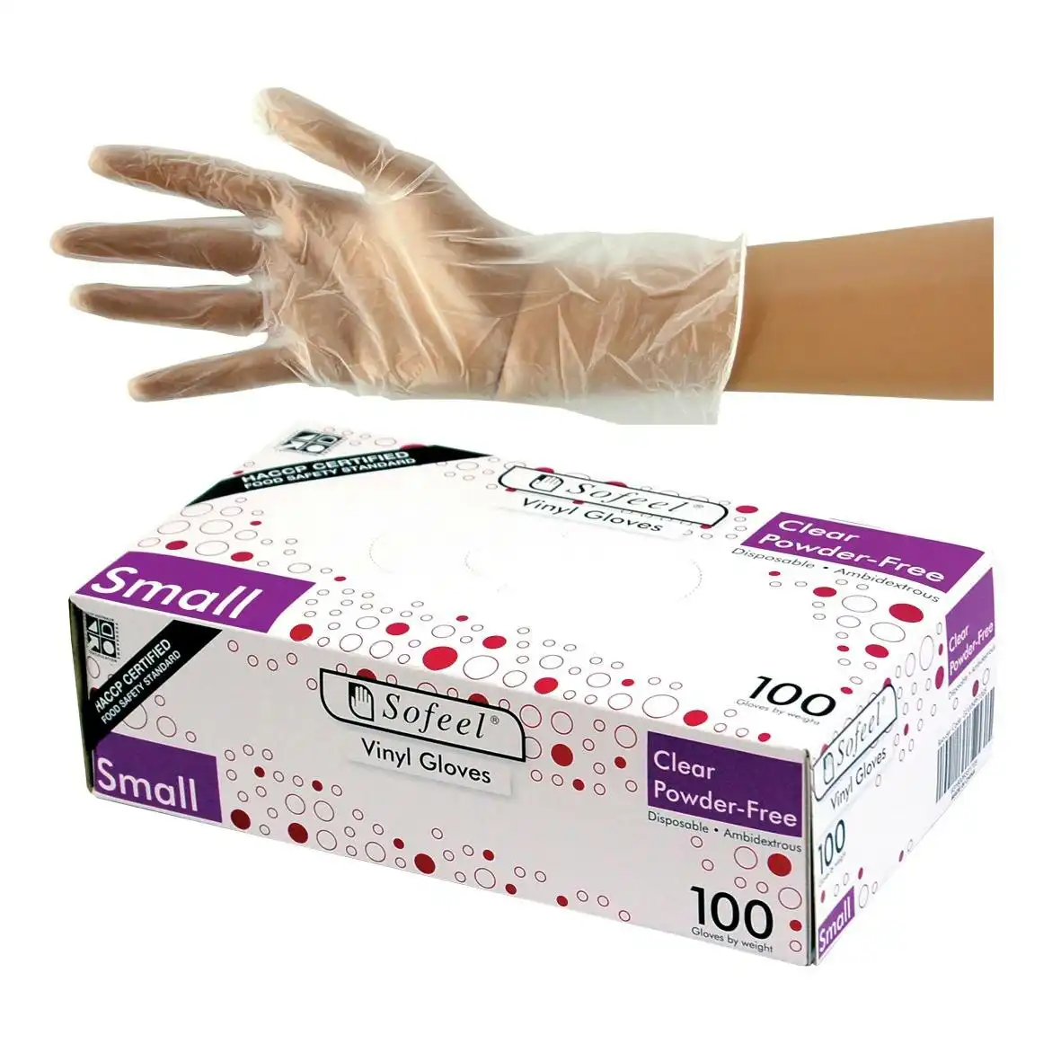 Sofeel Vinyl Gloves, Recyclable, 4.0g, Powder Free, Small, Clear, HACCP Grade, 100/Box, 1000/Carton