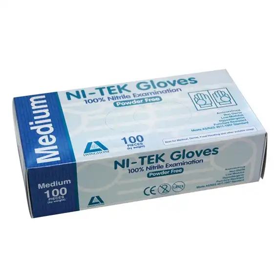Ni-Tek Nitrile Premium Examination Gloves, AS NZ Standard, Powder Free, EN374, Medium, Blue, HACCP Grade, 100/Box