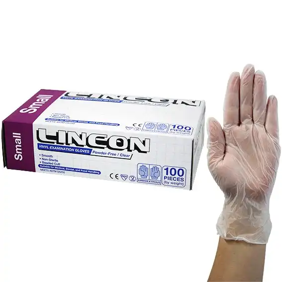 Lincon Vinyl Examination Gloves, Recyclable, 5.5g Powder Free, Small, Clear, HACCP Grade, 100/Box, 1,000/Carton