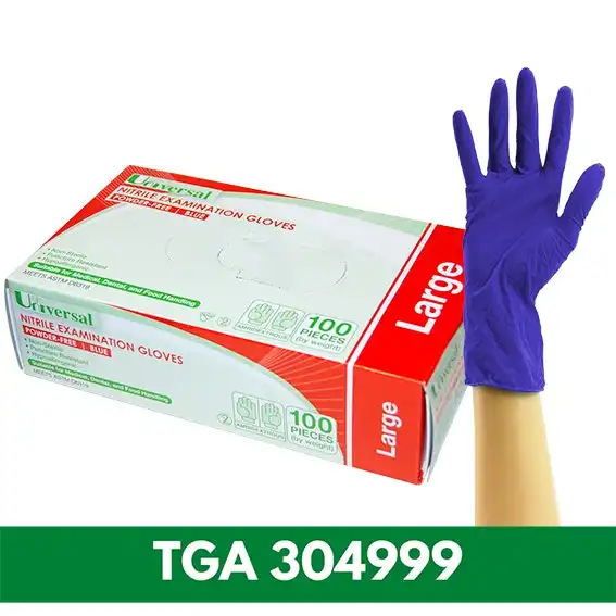 Universal Nitrile Examination Gloves, ASTM Standard, Powder Free, EN374, Large, Cobalt Blue Colour, HACCP Grade, 100/Box, 1000/Carton