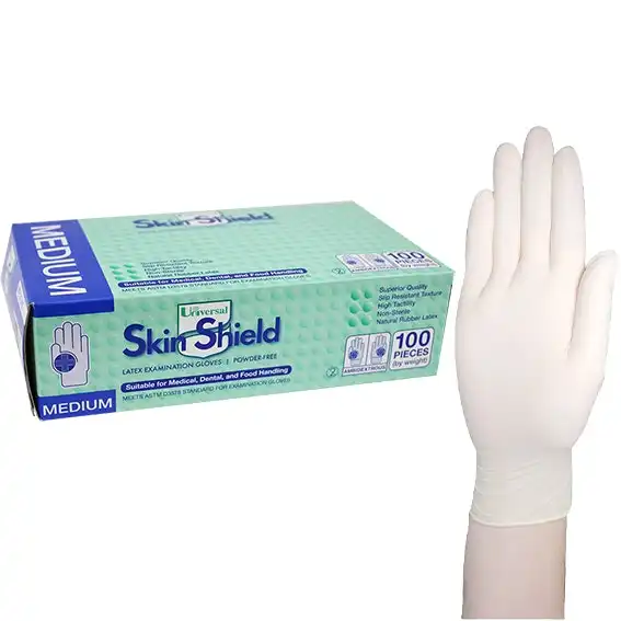 Universal Skin Shield Biodegradable Latex Examination Gloves, ASTM,Powder Free, Medium, Cream Colour, HACCP Grade, 100/Box