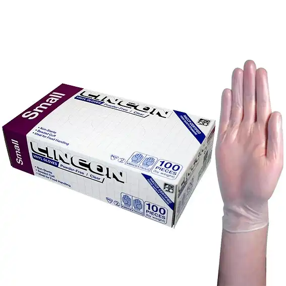 Lincon Vinyl Gloves, Recyclable, 4.5g, Powder Free, Small, Clear, HACCP Grade, 100/Box, 1000/Carton