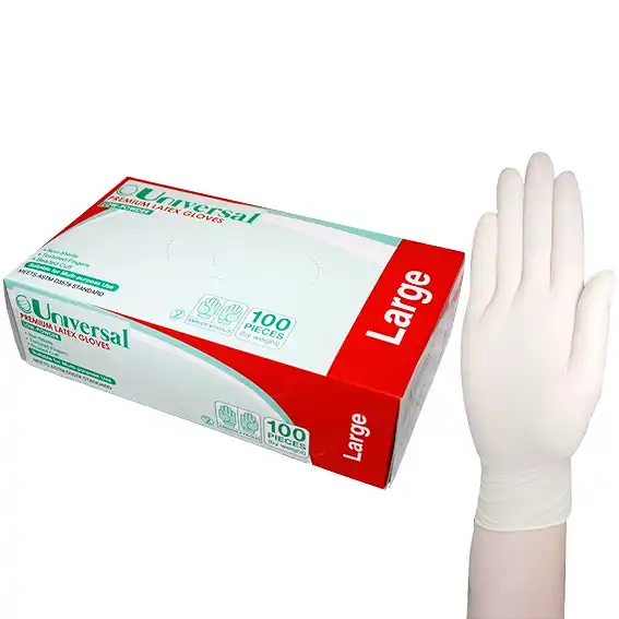 Universal Biodegradable Latex Gloves, ASTM, Low Powder, Large, Cream Colour, 100/Box