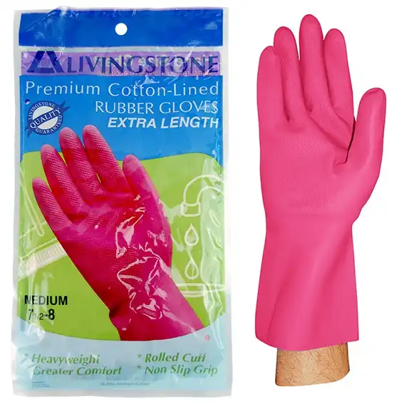 Livingstone Rubber Gloves, Cotton Lined, Medium, Pair