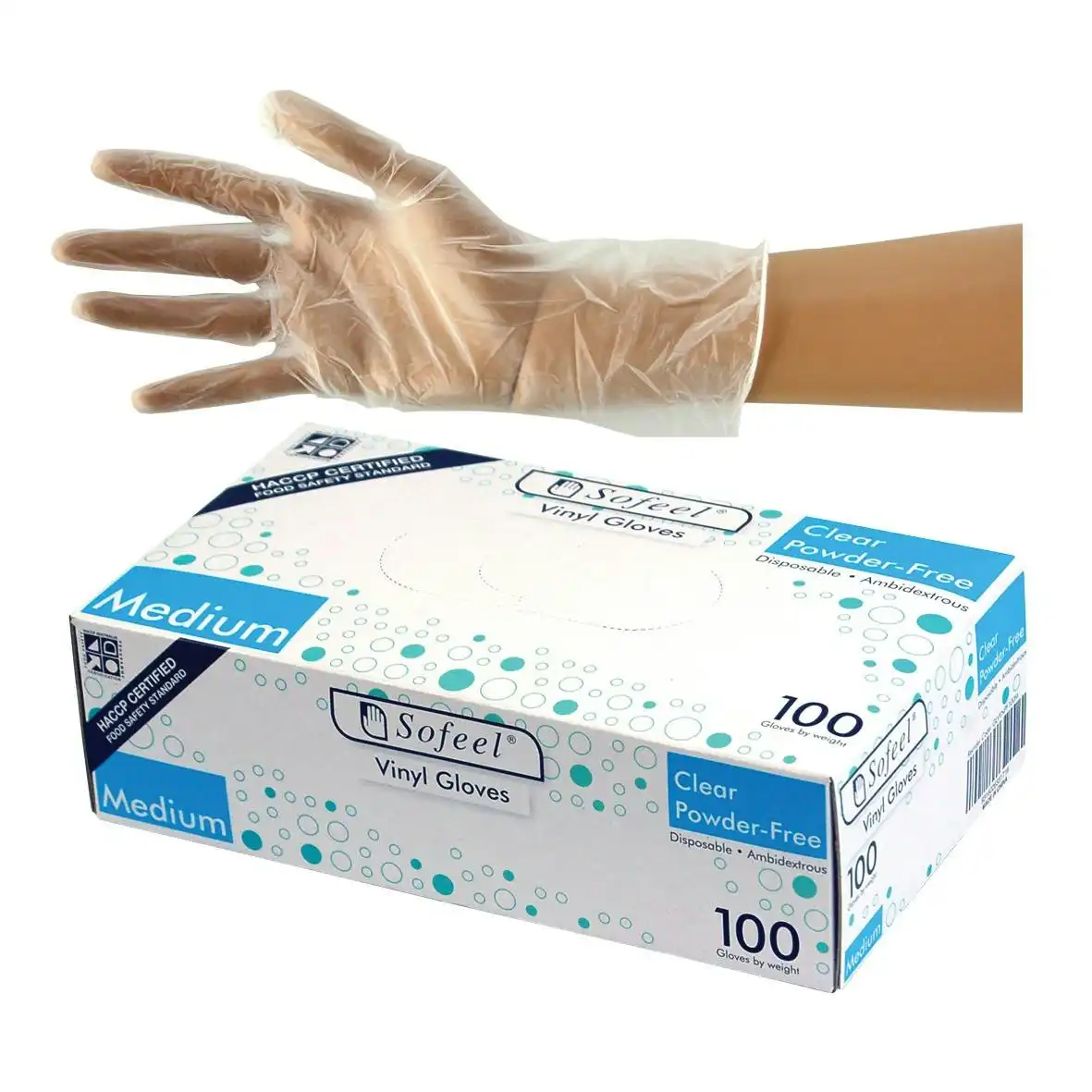 Sofeel Vinyl Gloves, Recyclable, 4.5g, Powder Free, Medium, Clear, HACCP Grade, 100/Box, 1000/Carton