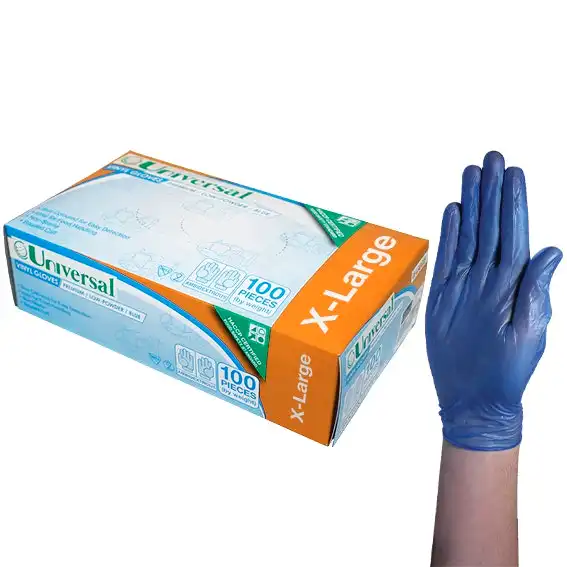 Universal Vinyl Gloves, Recyclable, 6.0g, Low Powder, Extra Large, Blue, HACCP Grade 100/Box, 1000/Carton
