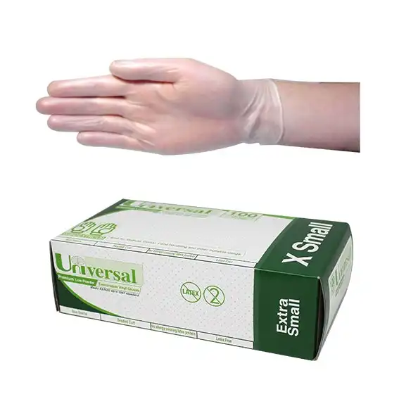 Universal Vinyl Examination Gloves, Recyclable, 5.0g, Low Powder, Extra Small, Clear, HACCP Grade, 100/Box