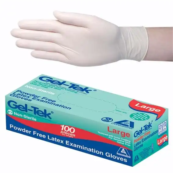 Gel-Tek Latex Examination Gloves, Powder Free, AS/NZ, Biodegradable, Polymer Coated, Textured, Large, Cream, 100/Box