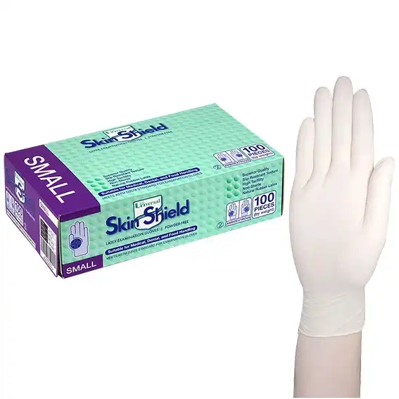 Universal Skin Shield Biodegradable Latex Examination Gloves, ASTM, Powder Free, Small, Cream Colour, HACCP Grade, 100/Box, 1,000/Carton