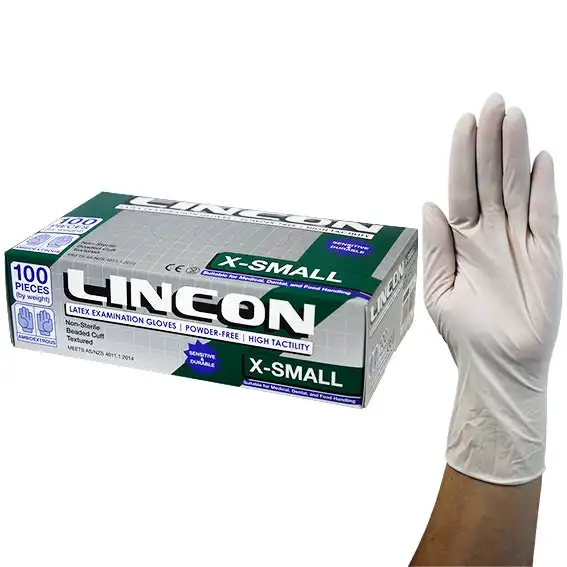 Lincon Biodegradable Latex Examination Gloves, AS NZ Standard, Powder Free, Extra Small, Cream Colour, 1,000/Carton