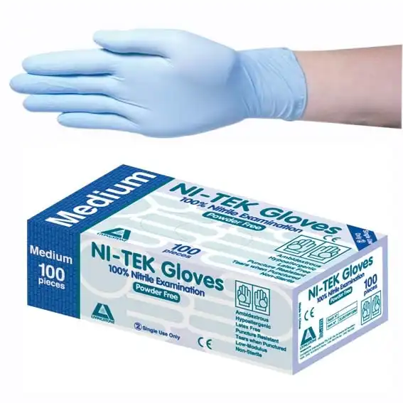 Ni-Tek Nitrile Premium Examination Gloves, AS NZ Standard, Powder Free, EN374, Medium, Blue, HACCP Grade, 100/Box, 1000/Carton