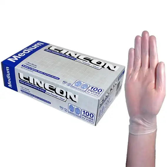 Lincon Vinyl Examination Gloves, Recyclable, 6.0g, Low Powder, Medium, Clear, 100/Box