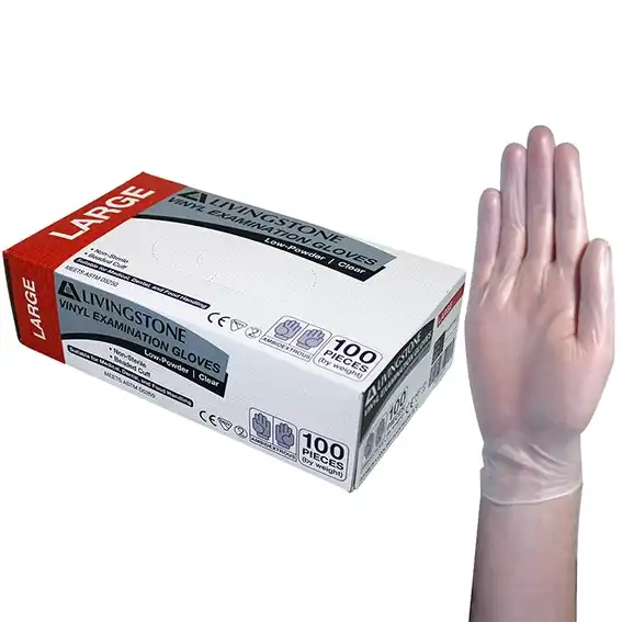 Livingstone Vinyl Examination Gloves, Recyclable, 6.5g, Low Powder, Large, Clear, HACCP Grade, 100/Box, 1,000/Carton