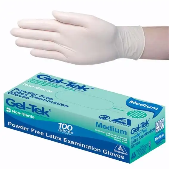 Gel-Tek Latex Examination Gloves, Powder Free, AS/NZ, Biodegradable, Polymer Coated, Textured, Medium, Cream, 100/Box