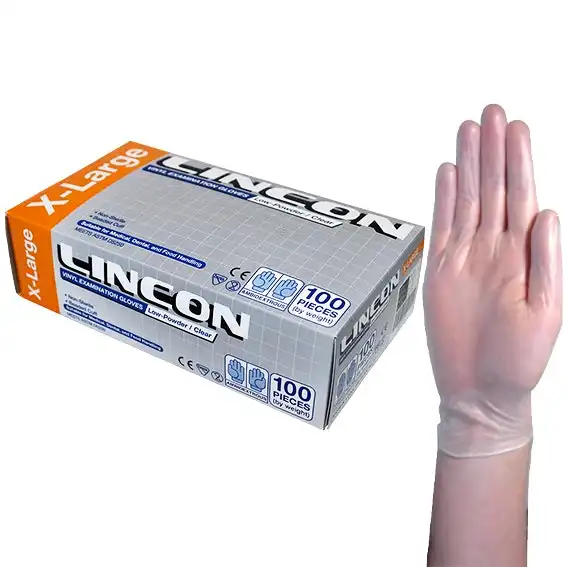 Lincon Vinyl Examination Gloves, Recyclable, 7.0g, Low Powder, Extra Large, Clear, 100/Box