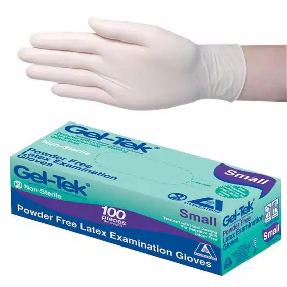 Gel-Tek Latex Examination Gloves, Powder Free, AS/NZ, Biodegradable, Polymer Coated, Textured, Small, Cream, 100/Box