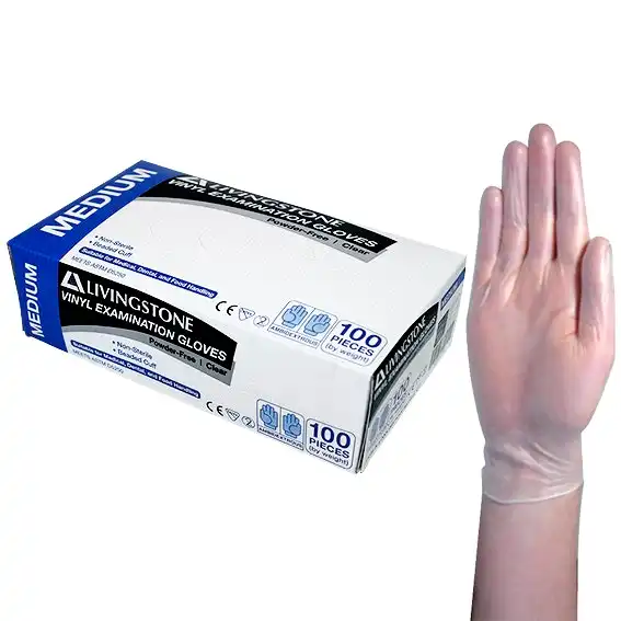 Livingstone Vinyl Examination Gloves, Recyclable, 6.0g Powder Free, Medium, Clear, HACCP Grade, 100/Box, 1,000/Carton