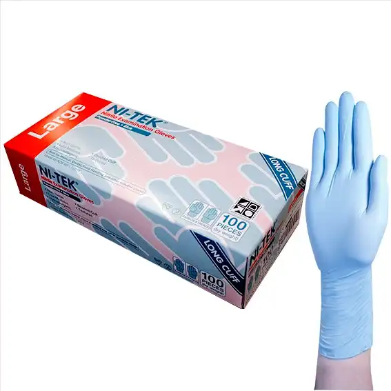Ni-Tek Nitrile Examination Gloves, Long Cuff 300mm, AS/NZ Standard Powder Free, EN374, Large Blue HACCP Grade 100/Box 1000/Carton