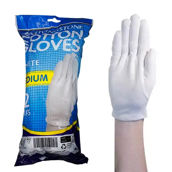 Livingstone Cotton Gloves, Medium, White, 12 Pairs/Bag, 480 Pairs/Carton