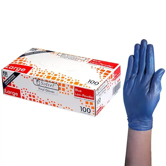 Sofeel Vinyl Gloves, Recyclable, 5.0g, Low Powder, Large, Blue, HACCP Grade, 100/Box, 1000/Carton