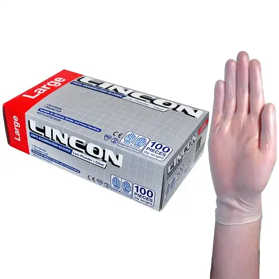 Lincon Vinyl Examination Gloves, Recyclable, 6.5g, Low Powder, Large, Clear, 100/Box