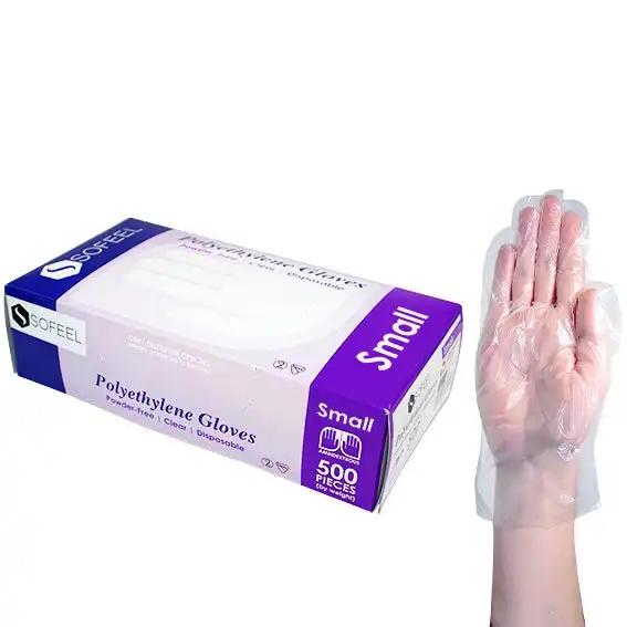 Sofeel Disposable Polyethylene Gloves, Small, Powder Free, Latex Free, Recyclable, Clear, 500/Box