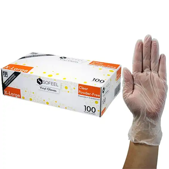 Sofeel Vinyl Gloves, Recyclable, 5.5g, Powder Free, Extra Large, Clear, HACCP Grade, 100/Box