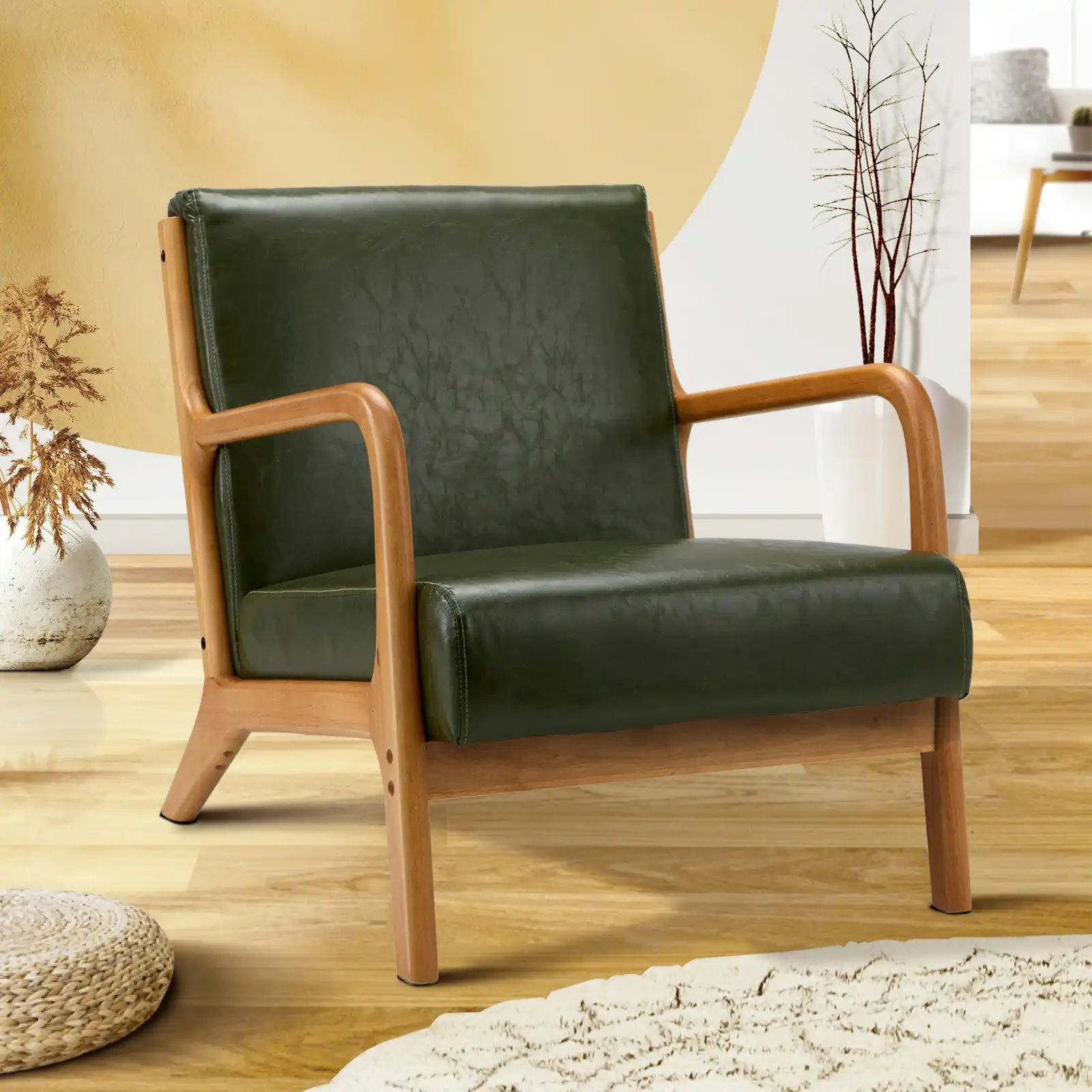 Oikiture Armchair Lounge Chair Accent Armchairs Couches Sofa Wood PU Green