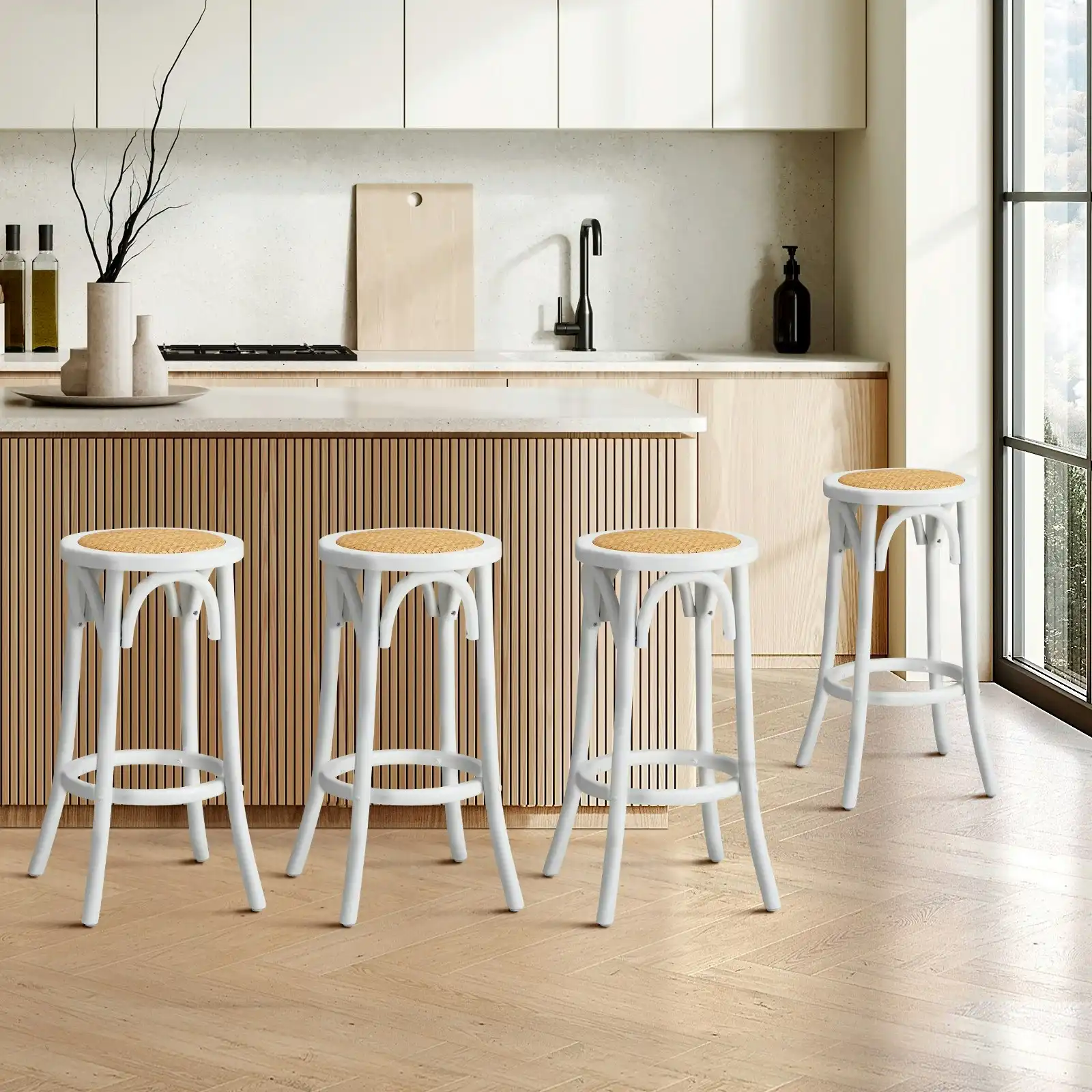 Oikiture Set of 4 Bar Stools Kitchen Vintage Dining Chair Rattan Seat White