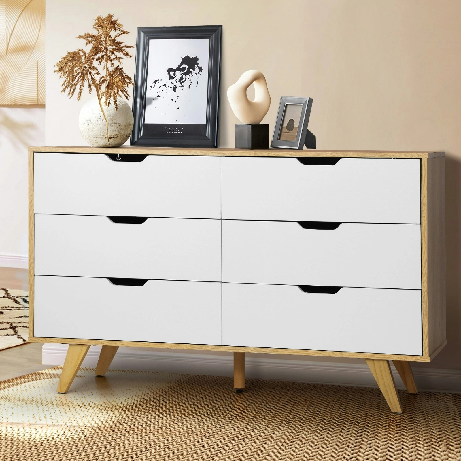 Oikiture 6 Chest of Drawers Lowboy Dresser Storage Cabinet Bedroom Wooden White