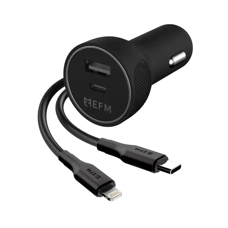 EFM 39W Dual Port Car Charger - with Type C to Apple Lightning Cable - Black