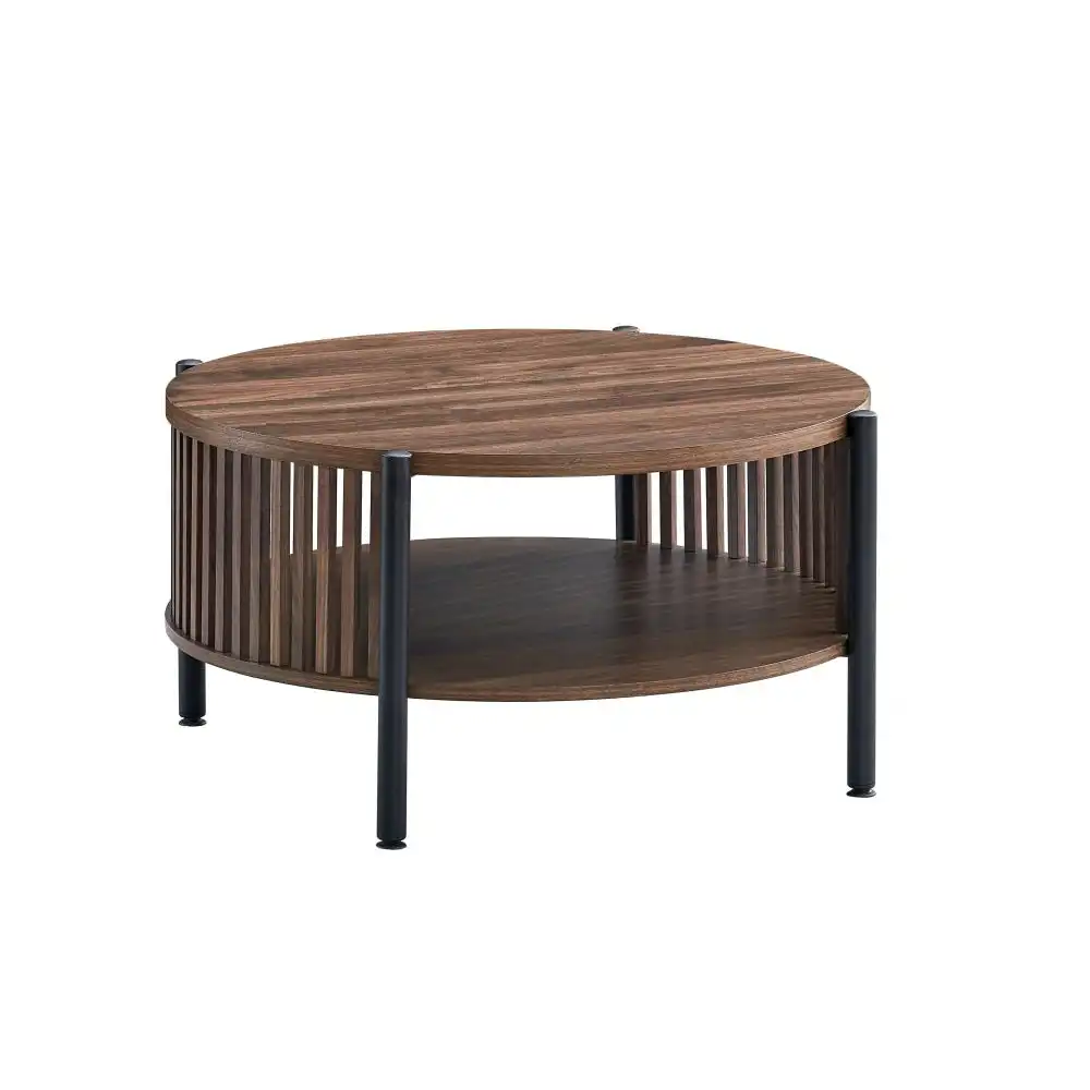 Ailana Wooden Round Open Shelf Coffee Table 80cm Slat Walnut