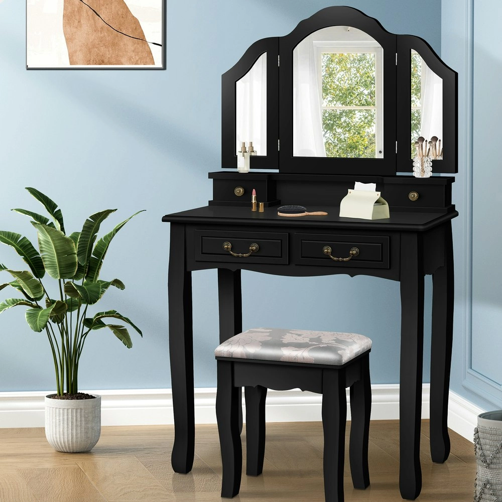 Alfordson Dressing Table Stool Set Foldable Black