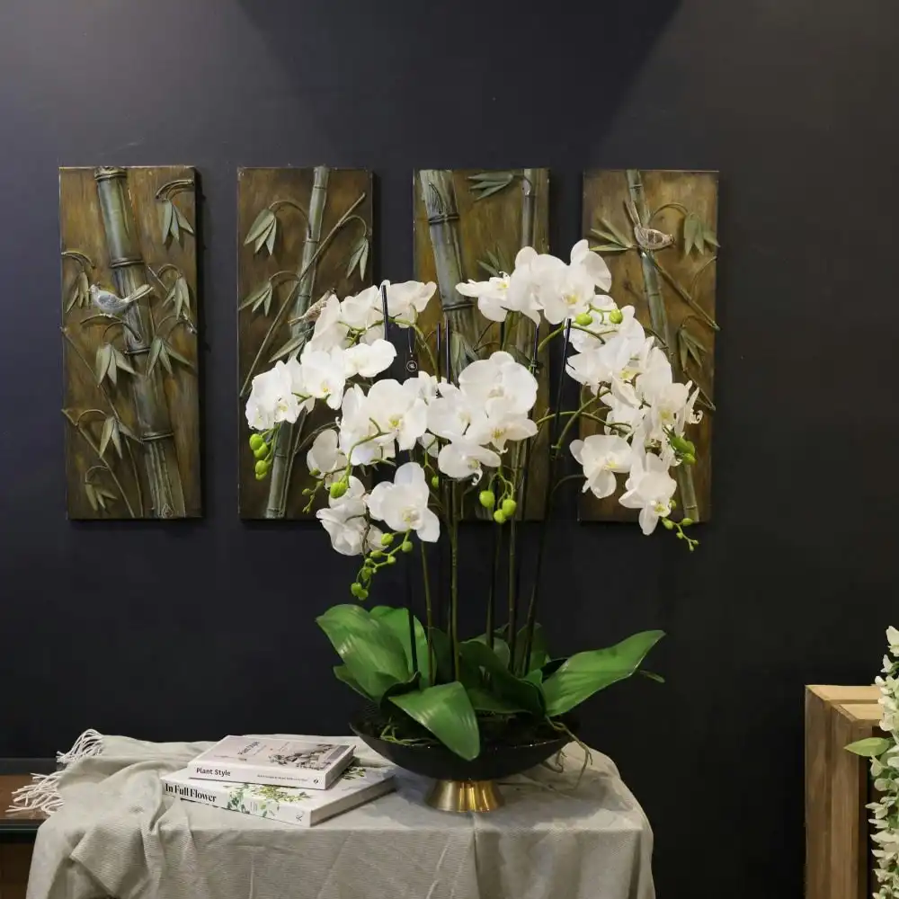 Glamorous Fusion Orchid 80cm Artificial Faux Plant Decorative Arrangement In Black & Gold Stripe Bowl