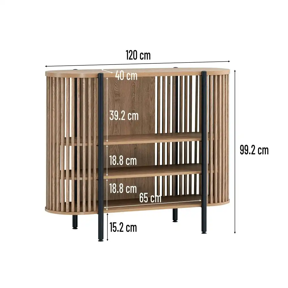 Design Square Ailani Wooden Sideboard Buffet Unit Storage Cabinet 3-Tier Shelves 120cm Slat Oak