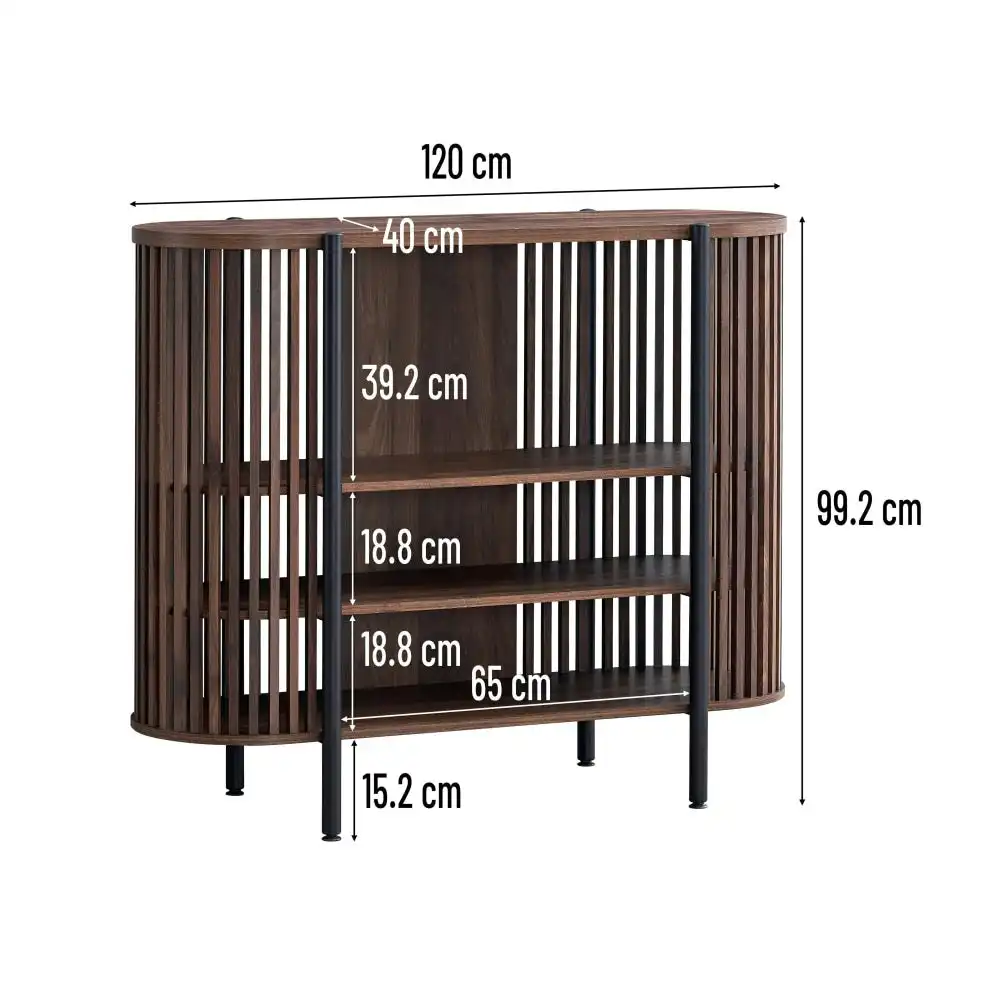 Design Square Ailani Wooden Sideboard Buffet Unit Storage Cabinet 3-Tier Shelves 120cm Slat Walnut