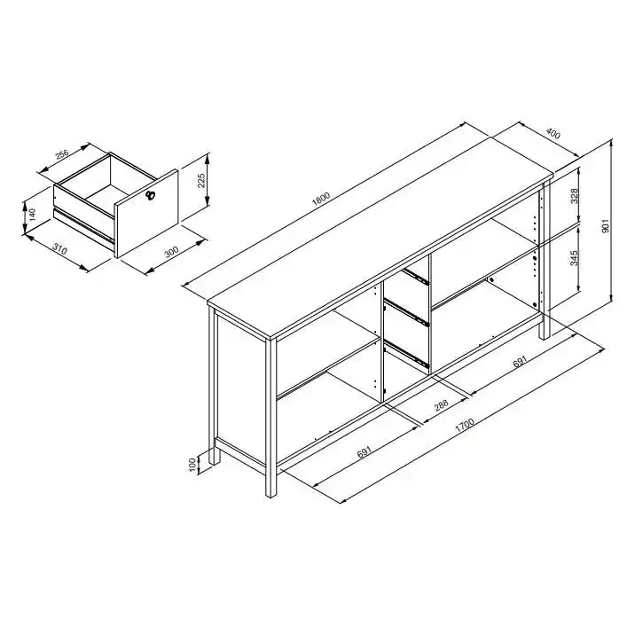 Design Square Cliff Wooden Buffet Unit Sideboard Storage Cabinet 4-Doors 3-Drawers Oak