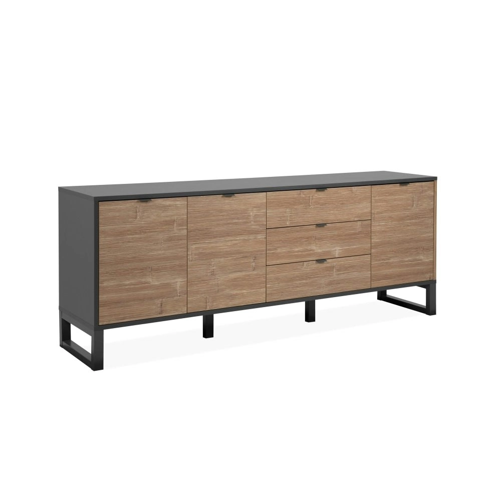 Design Square Caleb Wooden Sideboard Buffet Unit Storage Cabinet W/ 3-Drawers 3-Doors Bamboo/Black