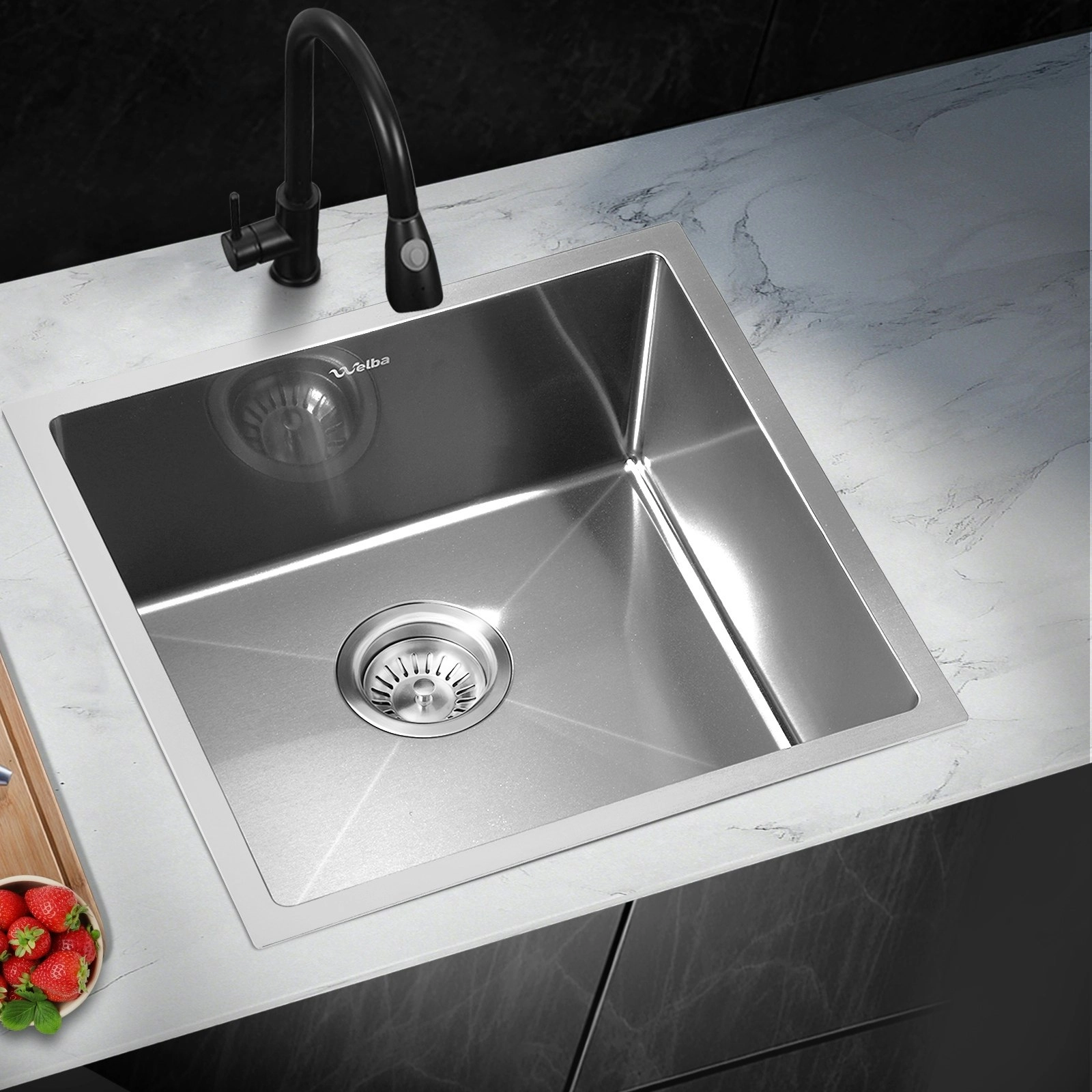 Welba Kitchen Sink 44X44CM Stainless Steel Single Bowl Basin With Waste Silver