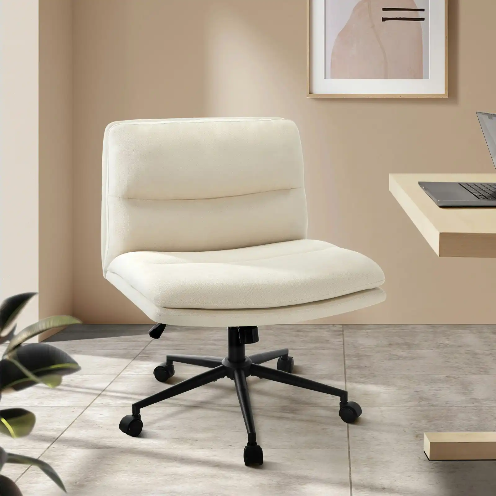 Oikiture Mid Back Armless Office Desk Chair Wide Seat Linen Beige with Wheels