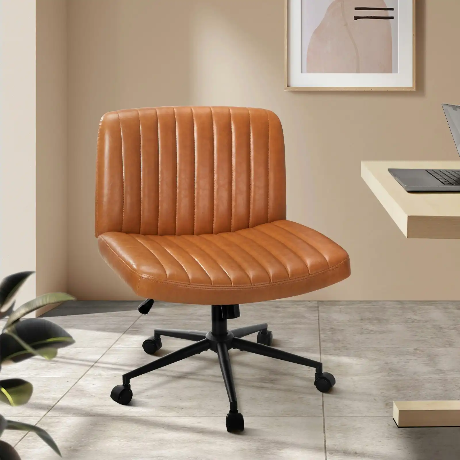 Oikiture Mid Back Armless Office Desk Chair Wide Seat with Wheels Leather Brown