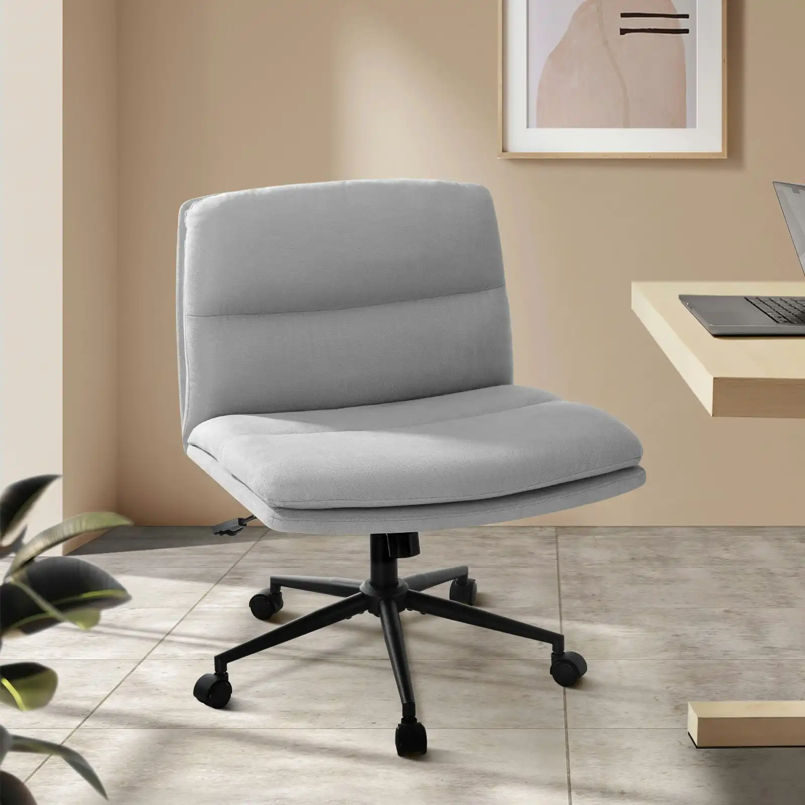 Oikiture Mid Back Armless Office Desk Chair Wide Seat Linen Grey with Wheels