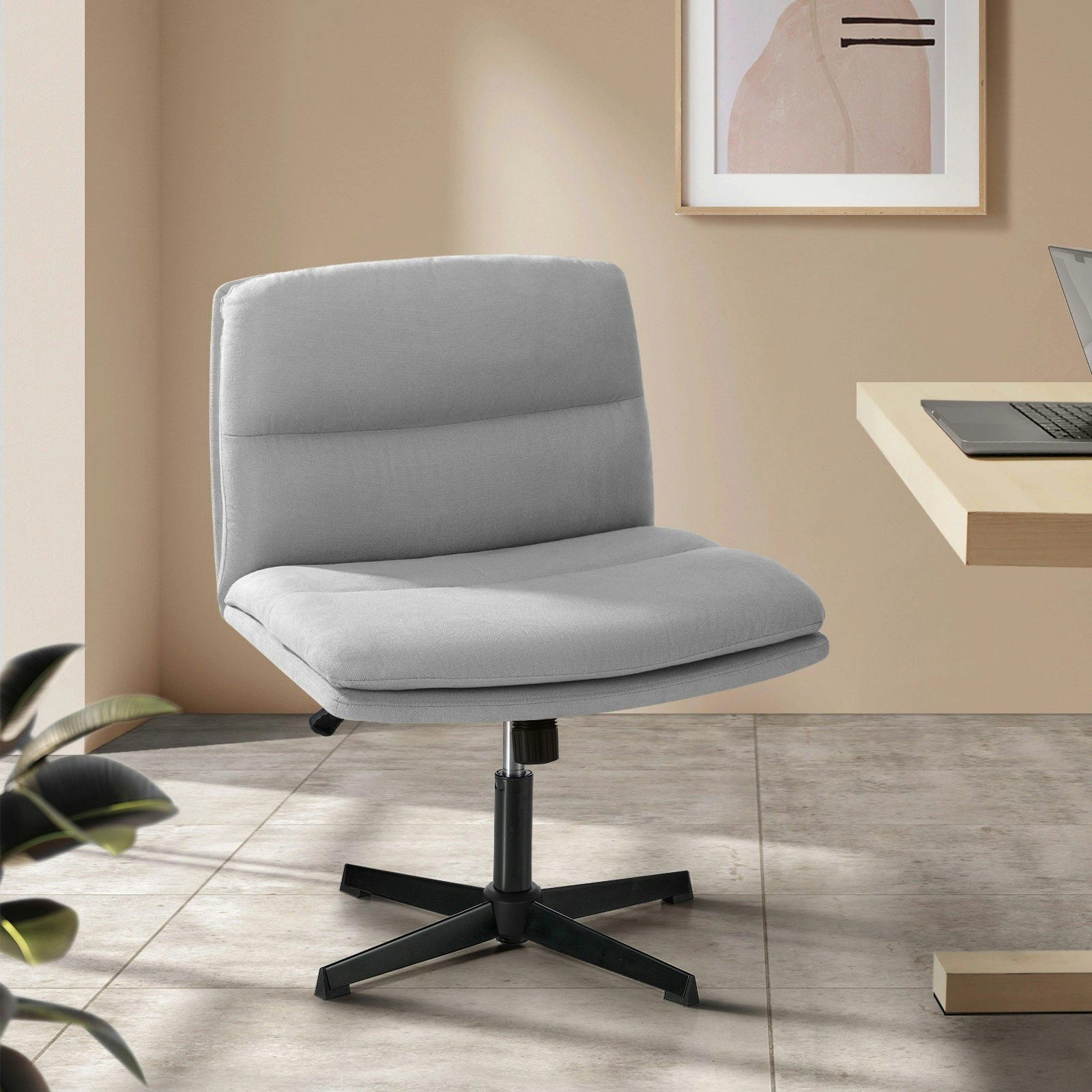 Oikiture Mid Back Armless Office Desk Chair Wide Seat No Wheels Linen Grey