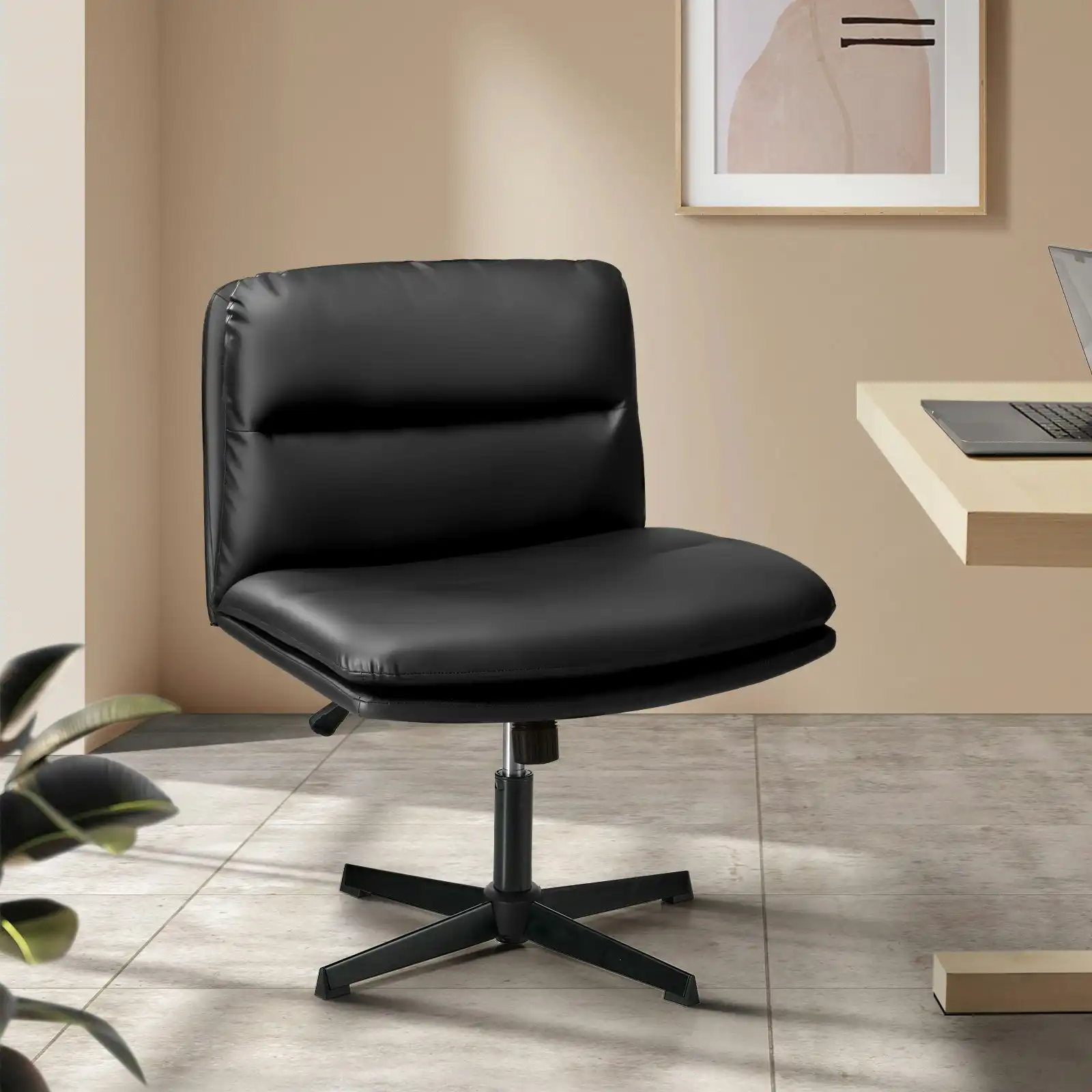 Oikiture Mid Back Armless Office Desk Chair Wide Seat No Wheels Leather Black