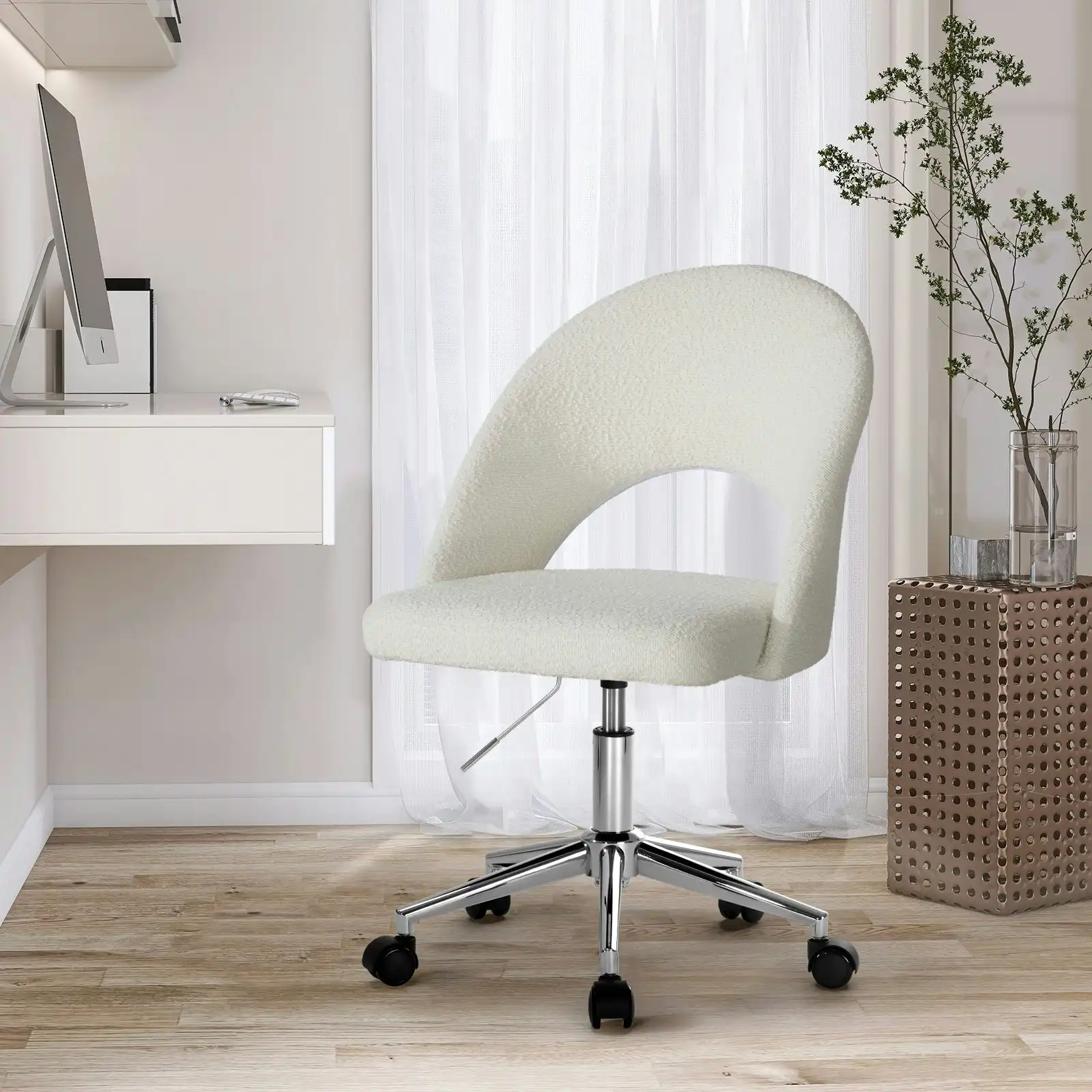 Oikiture High Back Hollow Armless Home Office Chair Boucle White&Silver
