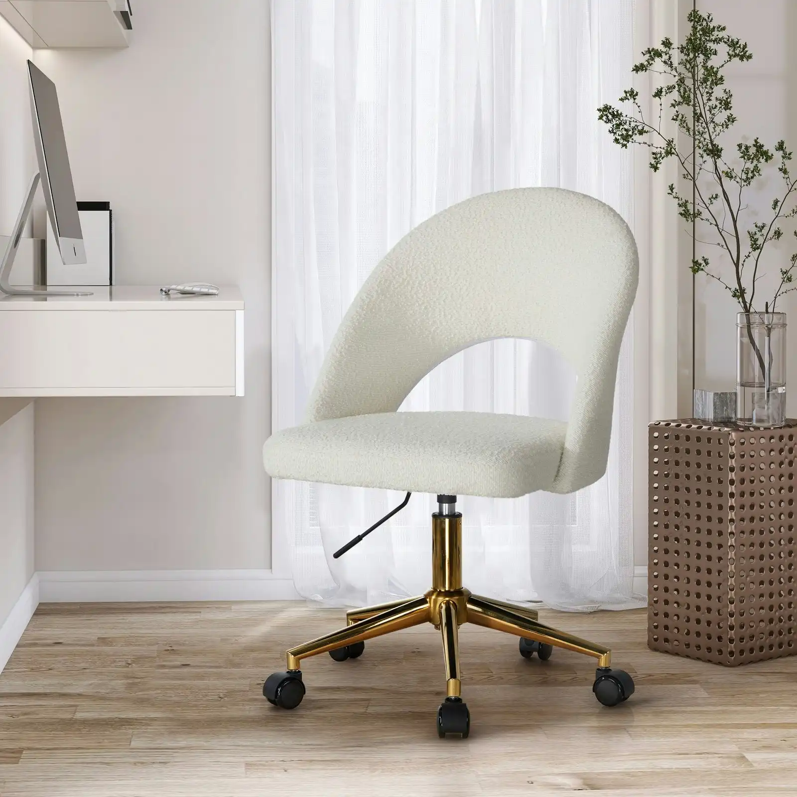 Oikiture High Back Hollow Armless Home Office Chair Boucle White&Gold