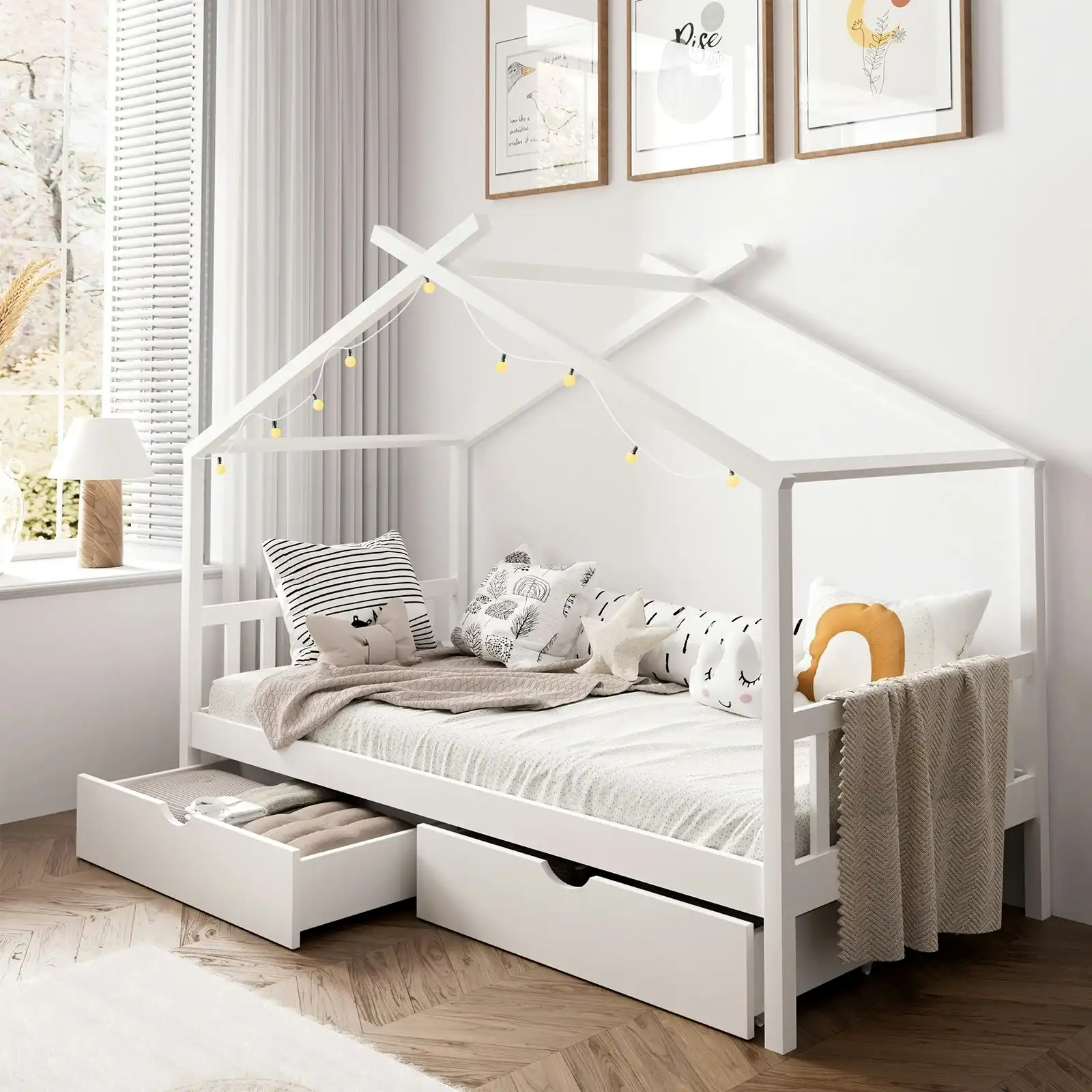 Oikiture Kids Bed Frame Single Size with Storage Drawers White